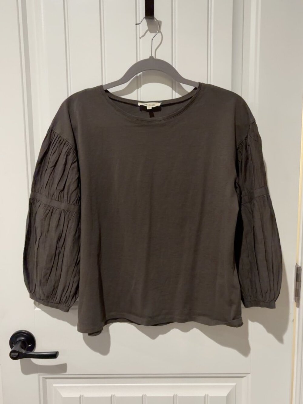 Madewell Charcoal Mixed-Media Balloon Sleeve Top Size S NWOT